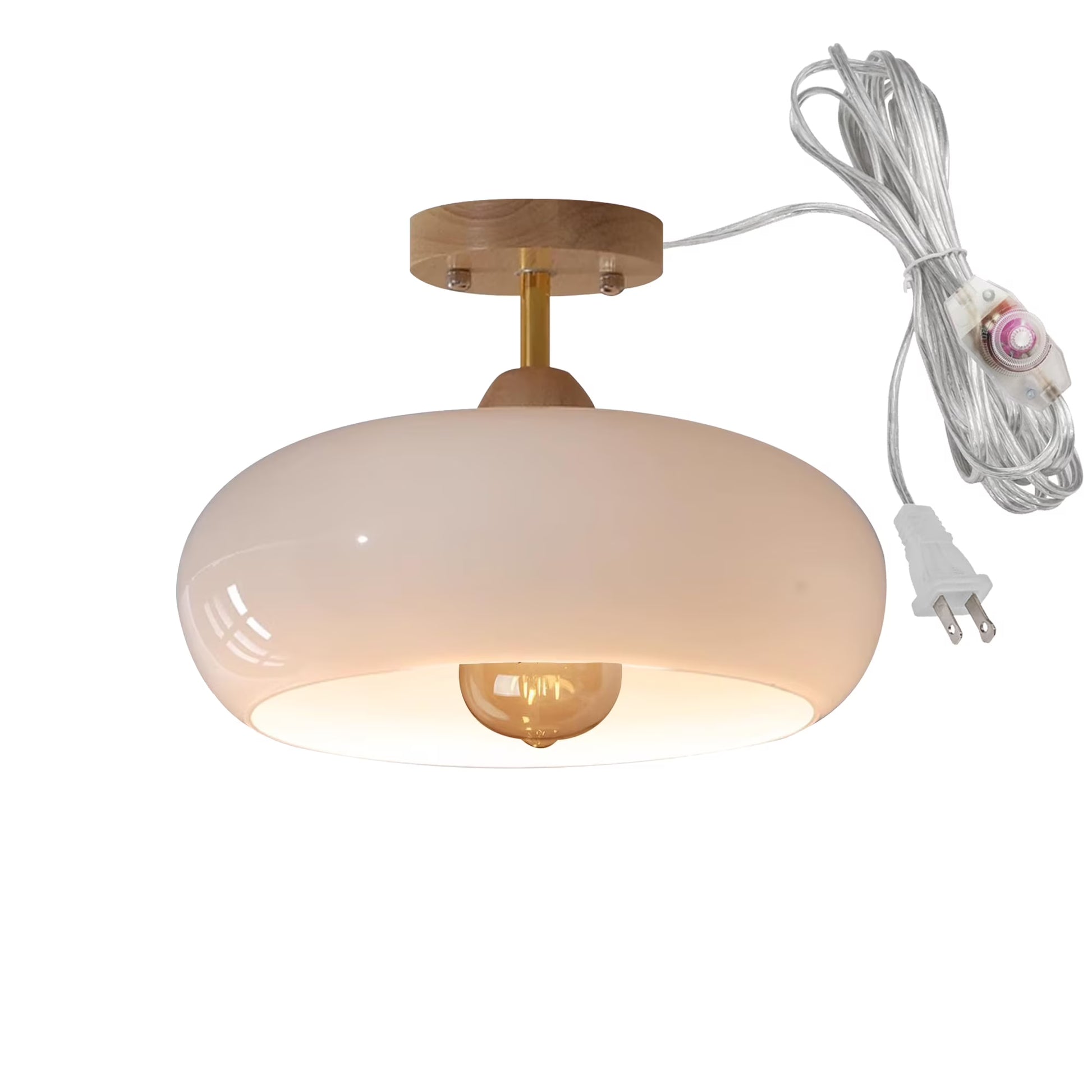 FSLiving White Smooth Glass Hanging Light with 15ft Plug-in Cord Wood Decorative Plug In Ceiling Light Fixtures,Industrial Semi Flush Mount Dimmable Pendant Light for Bedroom Hallway - 1 Pack