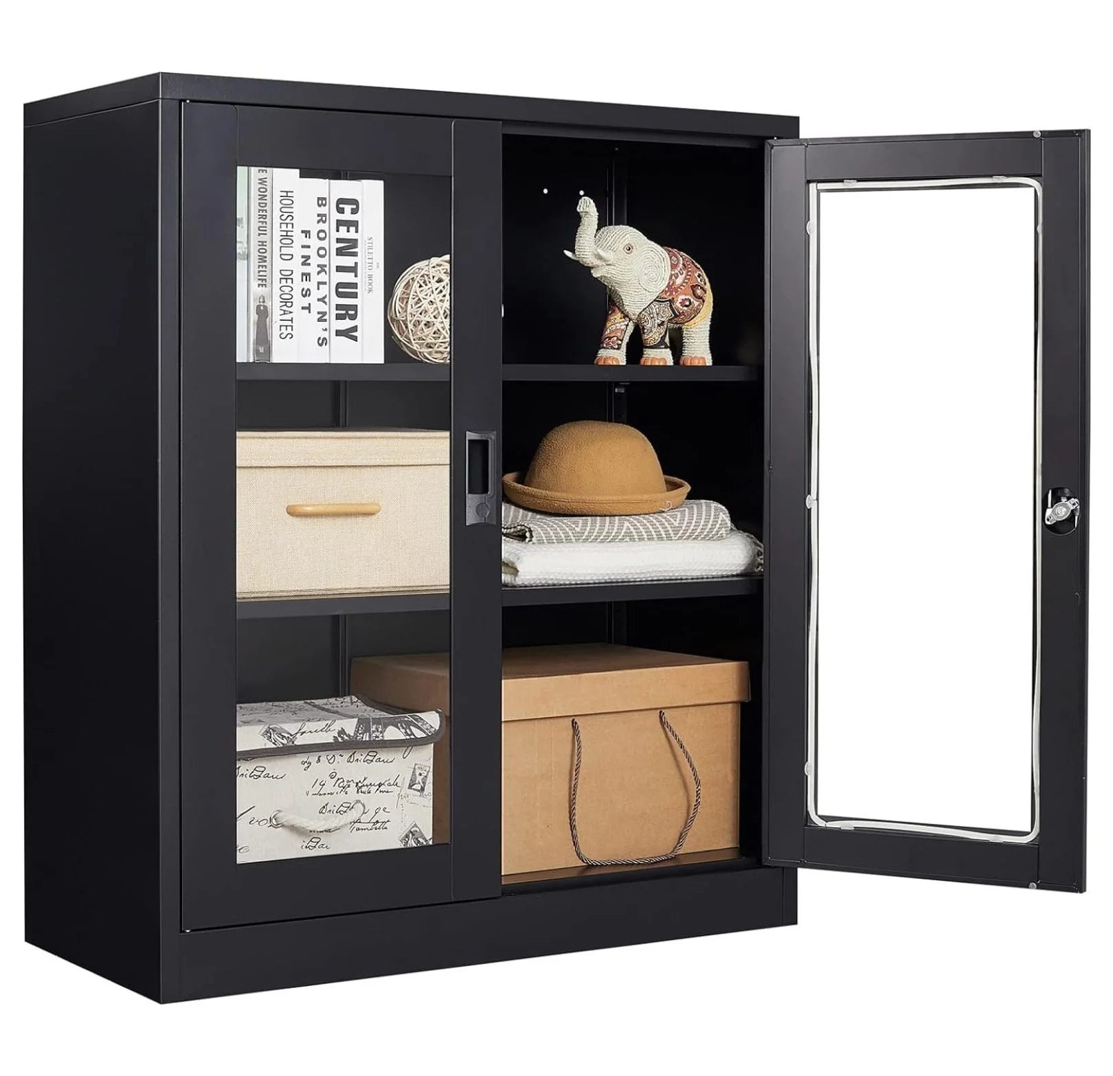 Drevy Metal Storage Cabinet with Doors and Shelves,Glass Cabinet Display Cabinet with Glass Doors,Office Cabinet with Storage Shelves and Double Doors, for Garage and Utility Room, Home Office