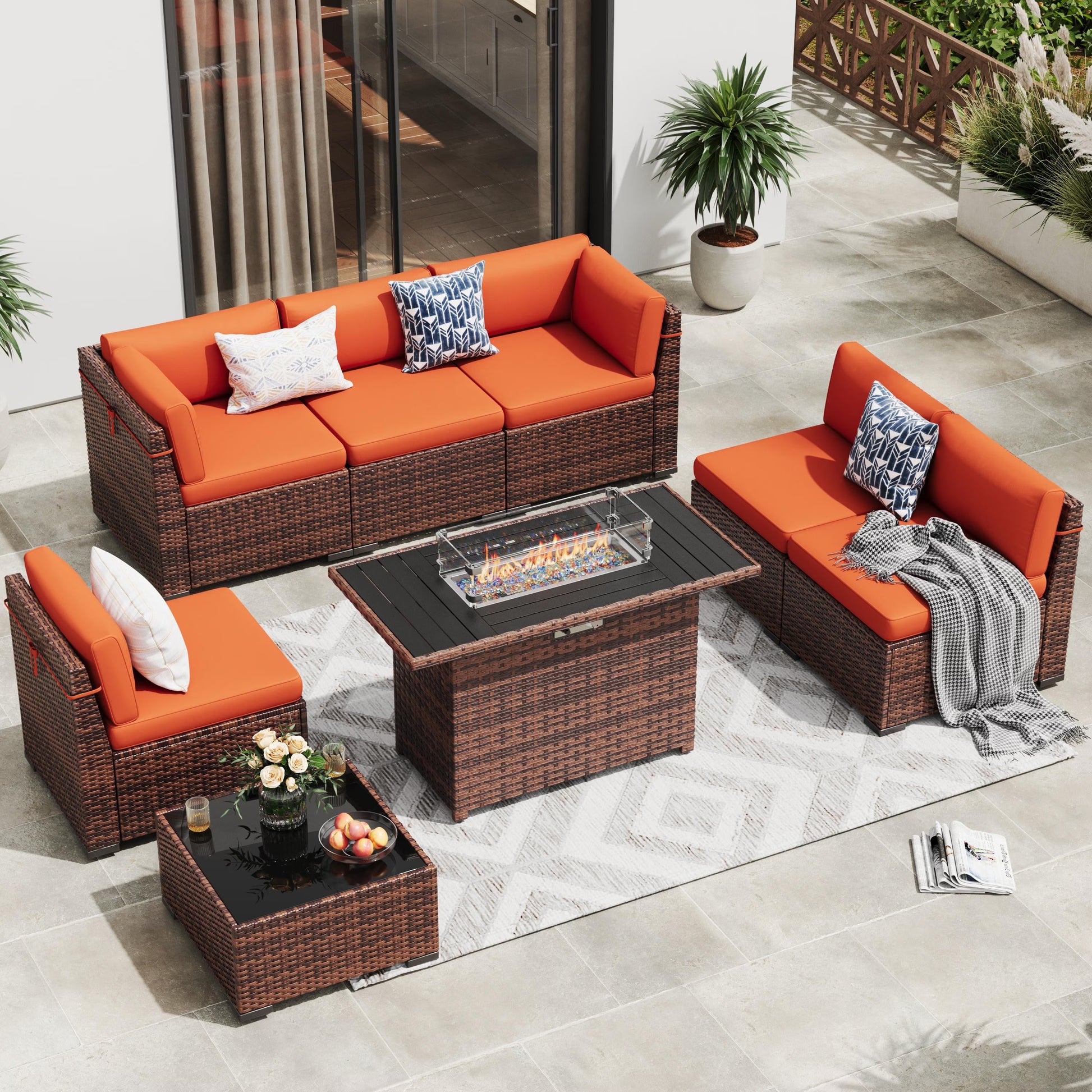 MRUAKA 8 Pieces Patio Furniture Set with Fire Pit Table, Outdoor Furniture Sectional Rattan Sofa with Slanted Back, Patio Couch with Glass Coffee Table for Backyard Garden (Navy)