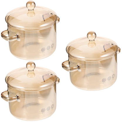 Homemaxs 3pcs High Borosilicate Glass Stockpot with Lid and Double Ear Noodle Bowl Korean Ramen Pot