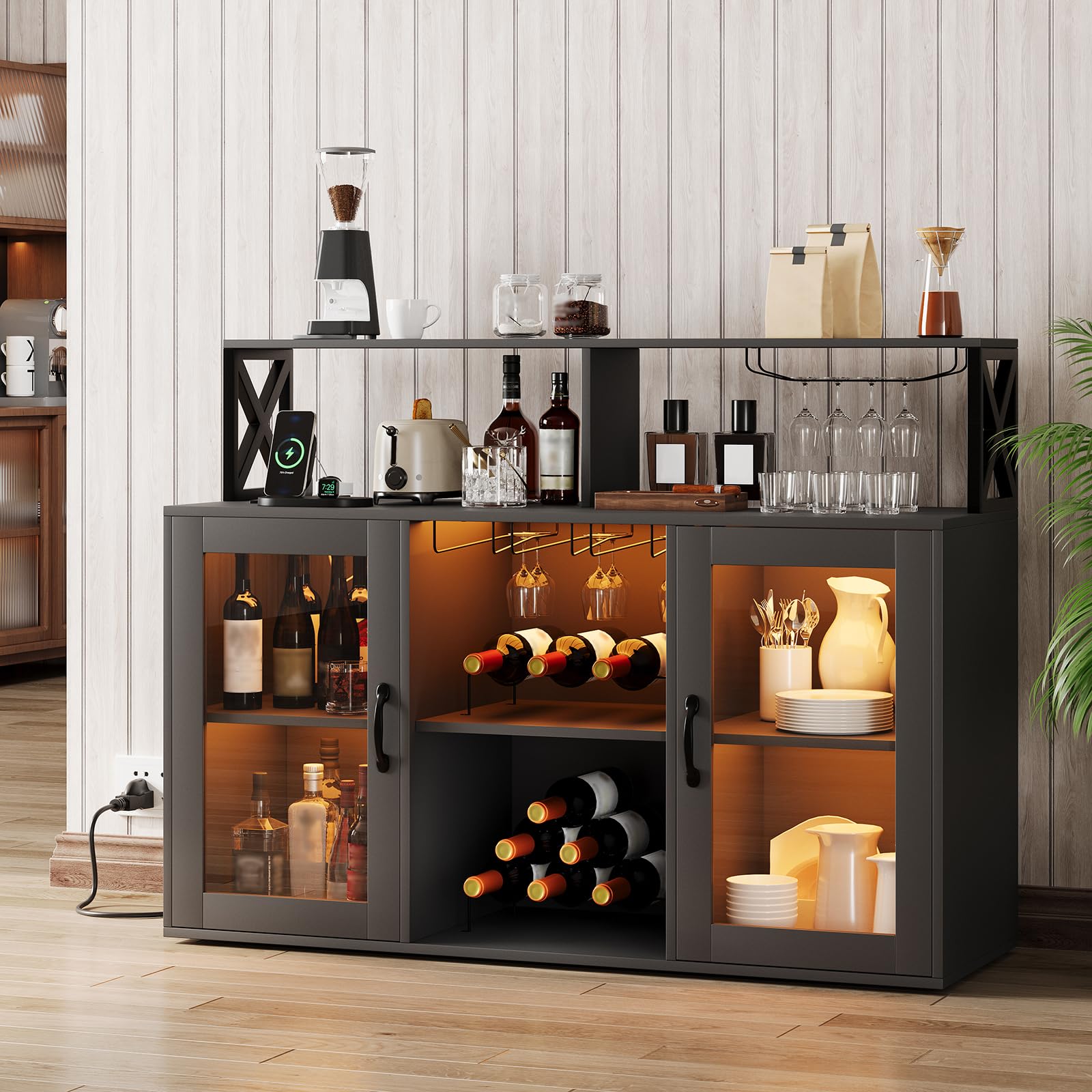 Kselythan Bar Cabinet for Home, Wine Cabinet with Power Outlets, Led Lights and and Glass Holder, Liquor Cabinet with Storage, Racks for Home, Kitchen