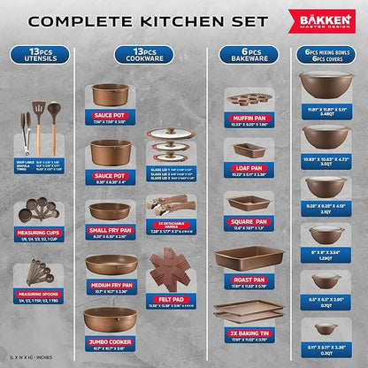 Bakken Master 38 Piece Granite Cookware and Bakeware Set - Nonstick Granite Coating, Pots and Pans with Detachable Handles and Tempered Glass Lids, 6-piece Bakeware set, 12-piece Mixing Bowls,Brown