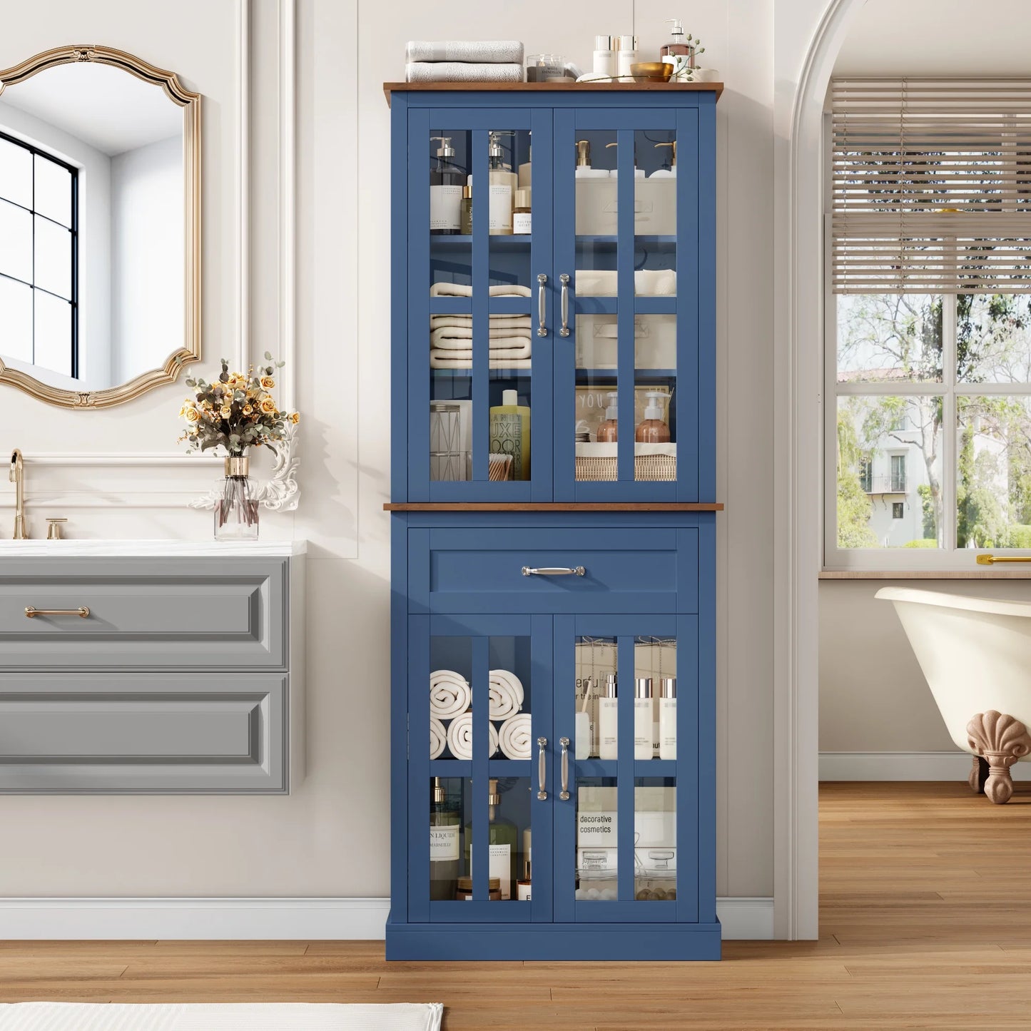 Homfa 71" Tall Bathroom Cabinet with Glass Doors, Freestanding Linen Cabinet with Drawer & Adjustable Shelves, Blue