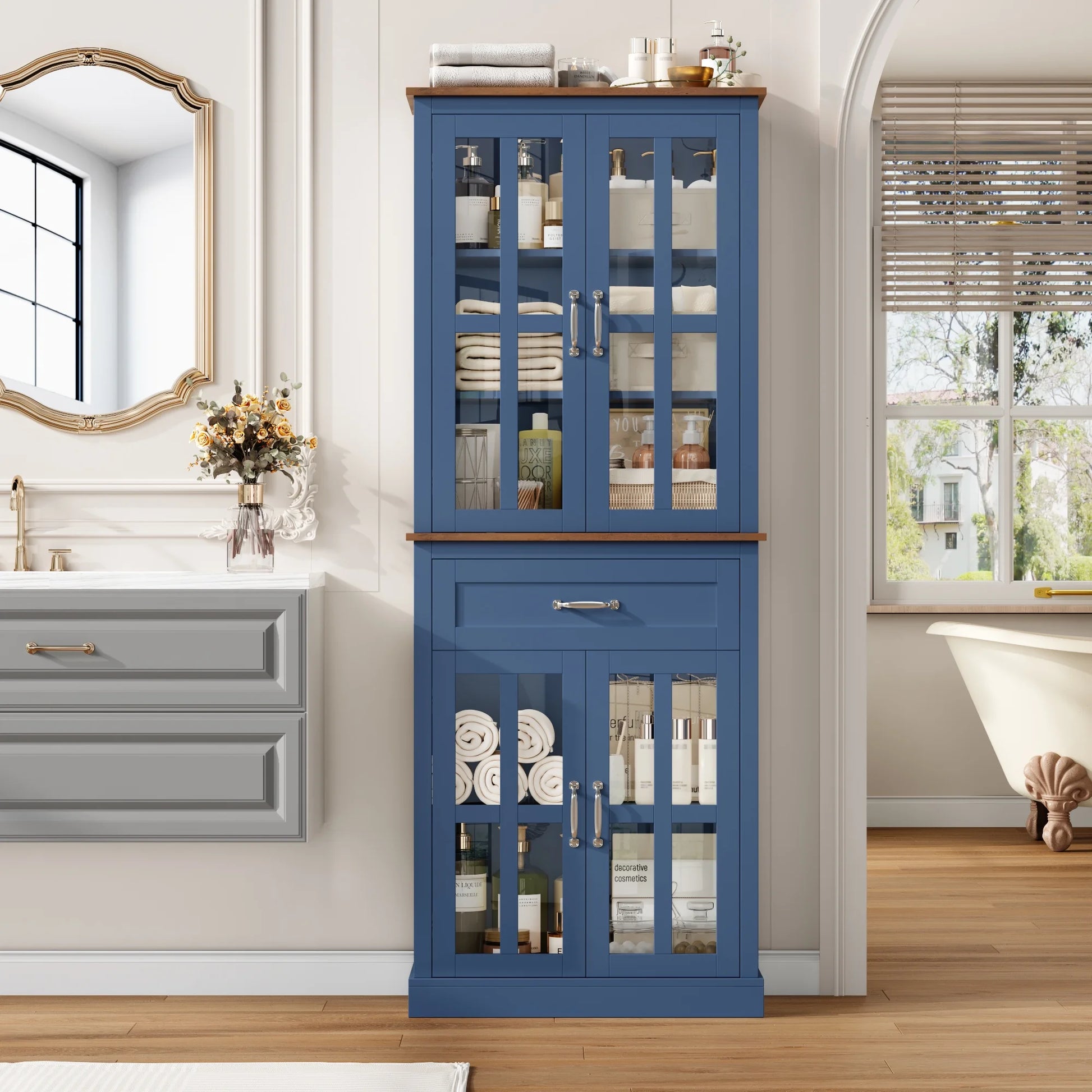 Homfa 71" Tall Bathroom Cabinet with Glass Doors, Freestanding Linen Cabinet with Drawer & Adjustable Shelves, Blue