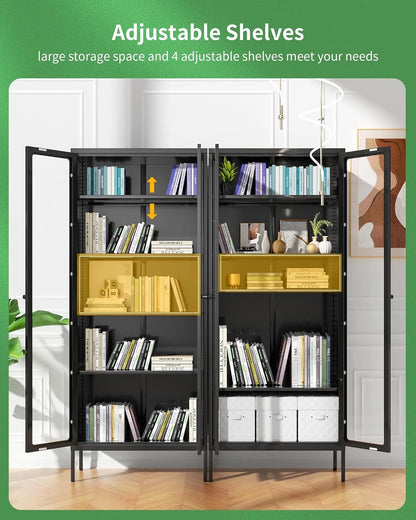 SUNCROWN Metal Storage Cabinet, Curio Display Cabinet with 2 Glass Display Door and 4 Shelves, Side Storage Organize, Modern Bookshelf Cabinet for livingroom, Bedroom, Kitchen, Black