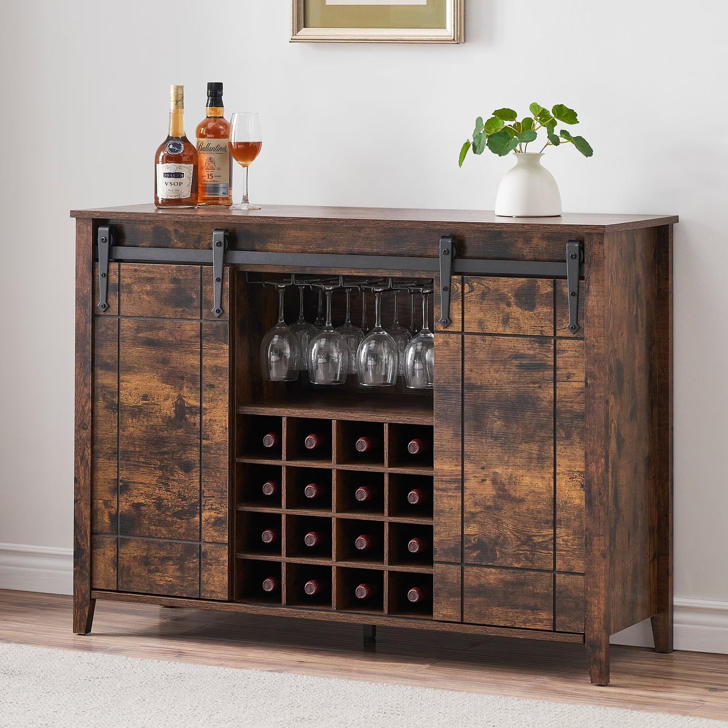 Garvee Farmhouse Wine Bar Cabinet with LED Lights, Coffee Bar Cabinet with Wine and Glasses Rack, Buffet Sideboard with Storage, Liquor Cabinet for Bar, Kitchen, Dining Room, Dark Oak