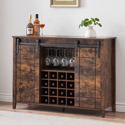 Garvee Farmhouse Wine Bar Cabinet with LED Lights, Coffee Bar Cabinet with Wine and Glasses Rack, Buffet Sideboard with Storage, Liquor Cabinet for Bar, Kitchen, Dining Room, Dark Oak