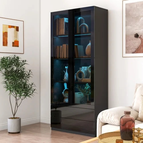 Modern Led Display Cabinet with Glass Doors, Bookcase with Doors, Curio Display Cabinet with 4 Shelves for Living Room, Home Office, Bedroom, Playroom, Black