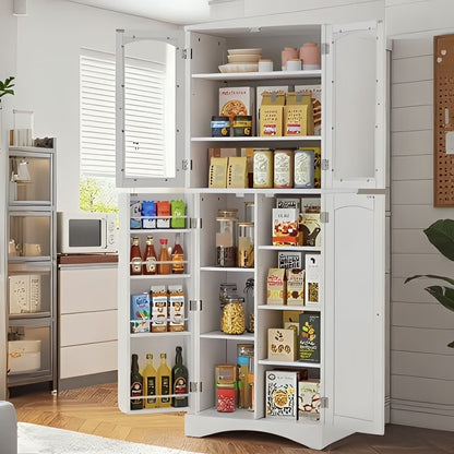 Pantry Cabinet, Lofka 64" Kitchen Pantry Storage Cabinet with Frosted Glass Doors and 14 Shelves, White