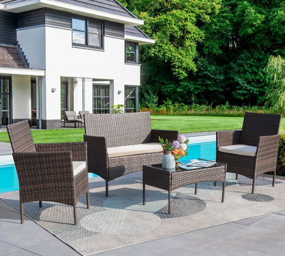 Lacoo 4 - Piece Outdoor Patio Conversation Furniture Sets with Cushioned Tempered Glass, Conversation Sets, 4, Metal