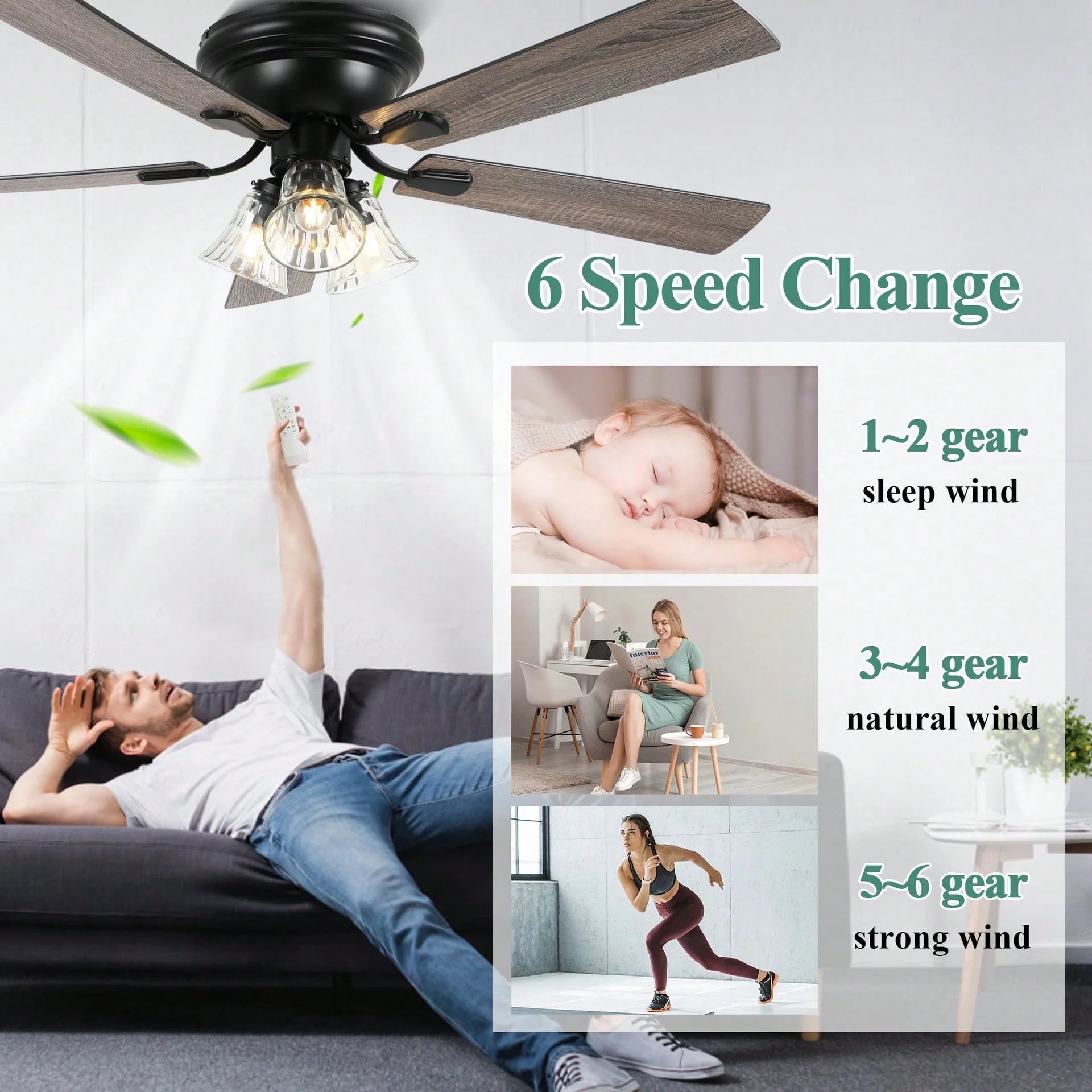 Cusp Barn 52 Inch Traditional Indoor Ceiling Fan with Remote Control, Vintage Clear Glass Shade Chandelier, Low Profile Flush Mount Reversible Ceiling Fan for Bedroom