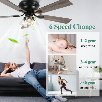 Cusp Barn 52 Inch Traditional Indoor Ceiling Fan with Remote Control, Vintage Clear Glass Shade Chandelier, Low Profile Flush Mount Reversible Ceiling Fan for Bedroom