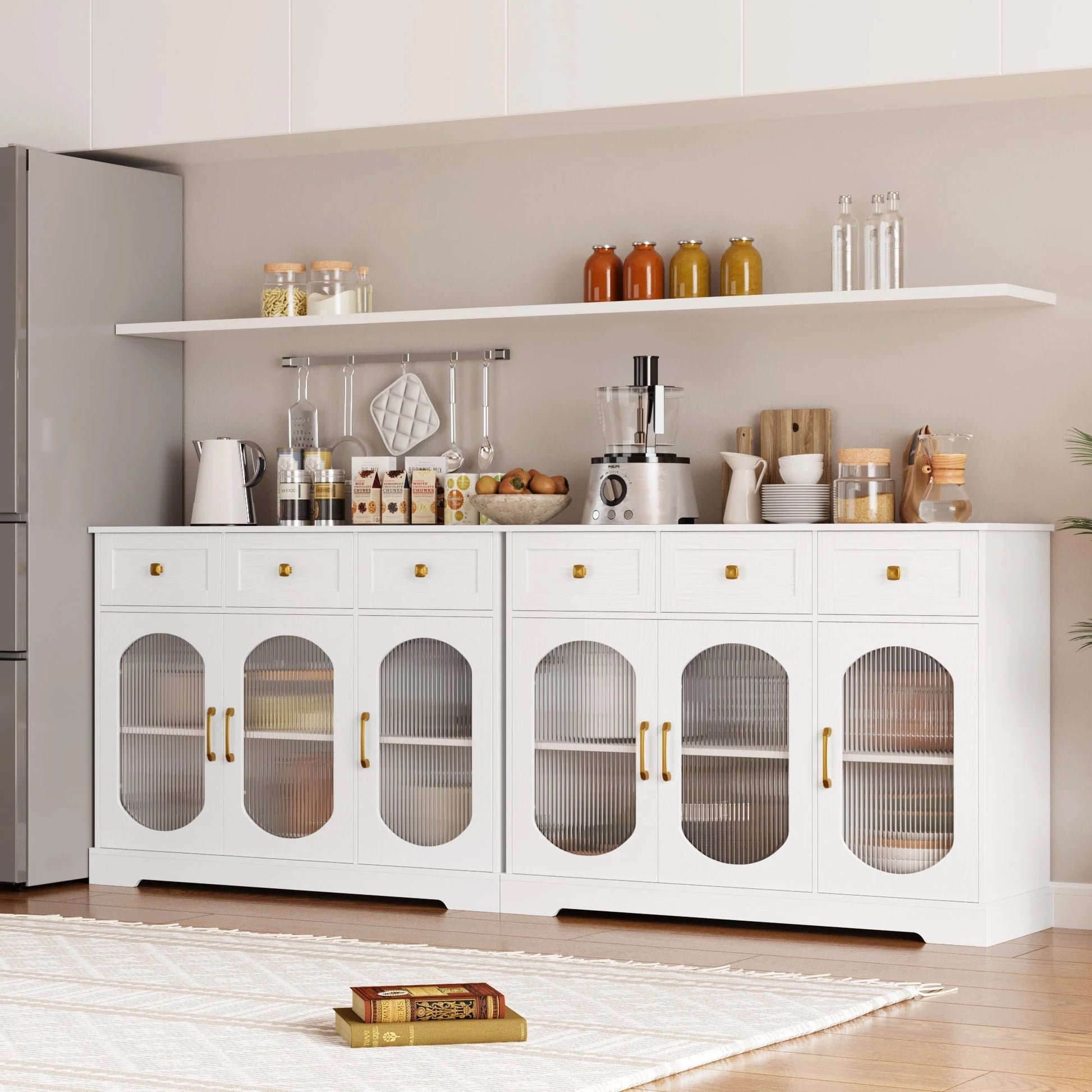 Homfa 3 Drawer Buffet Cabinet with 3 Curved Glass Doors, 47.2''W Kitchen Sideboard with Adjustable Shelf, White