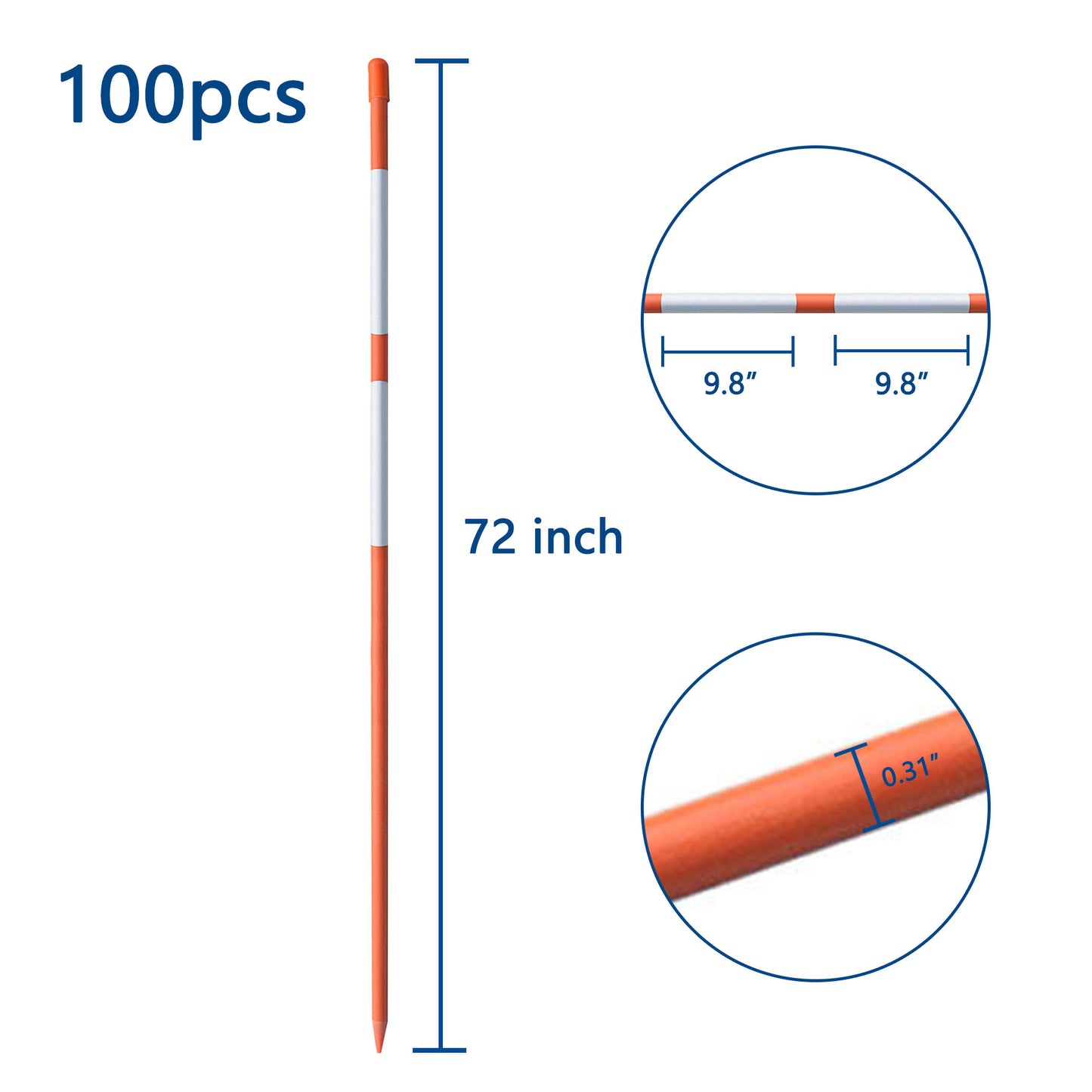 100-Pack 72" Inch Snow Stakes Driveway Markers Poles Snow Plow Stakes Fiberglass 5/16 Inch Diameter Orange with Two 9.8" Reflective Tapes