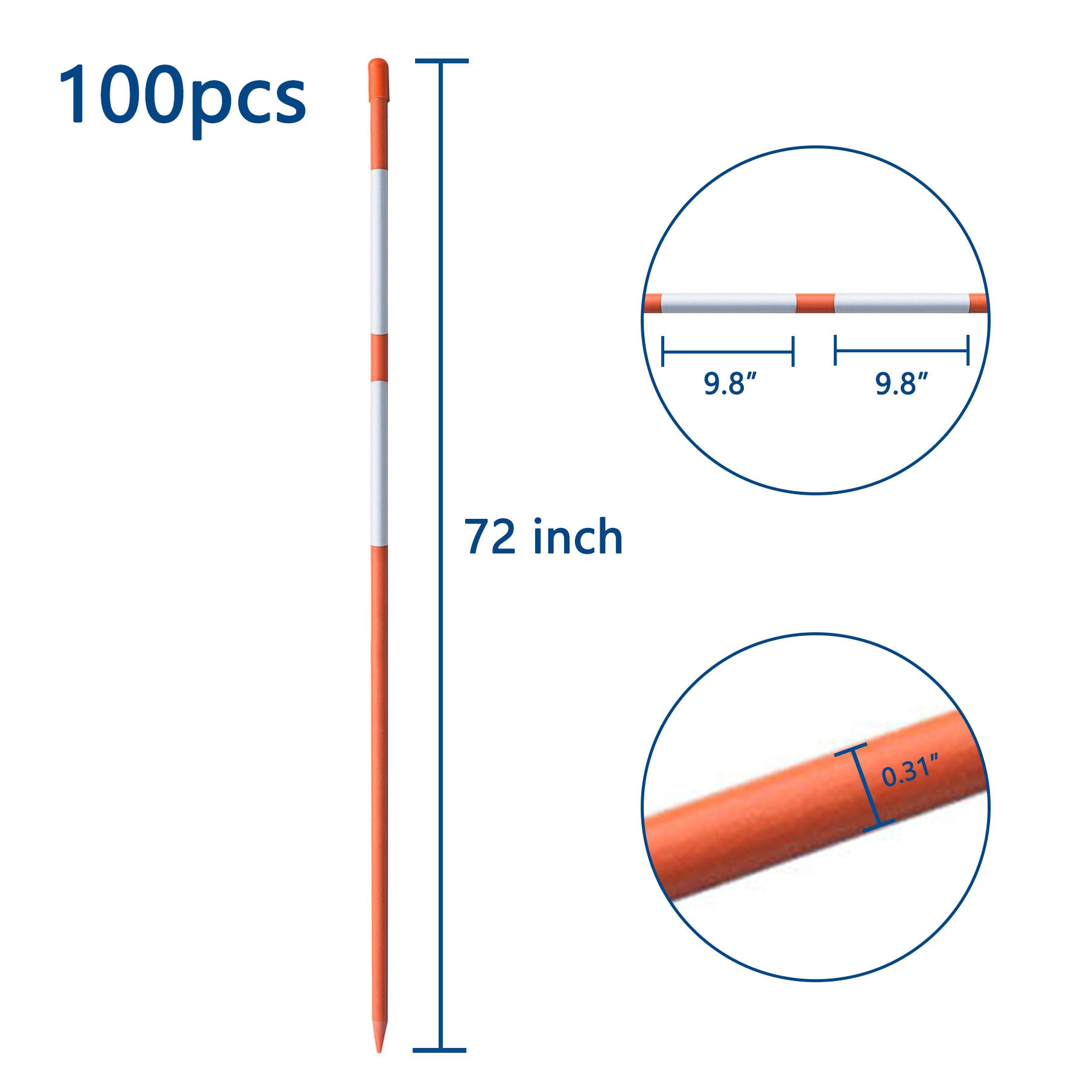 100-Pack 72" Inch Snow Stakes Driveway Markers Poles Snow Plow Stakes Fiberglass 5/16 Inch Diameter Orange with Two 9.8" Reflective Tapes