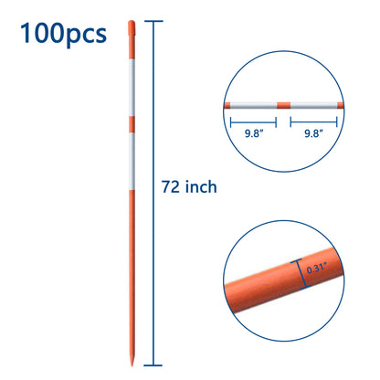 100-Pack 72" Inch Snow Stakes Driveway Markers Poles Snow Plow Stakes Fiberglass 5/16 Inch Diameter Orange with Two 9.8" Reflective Tapes