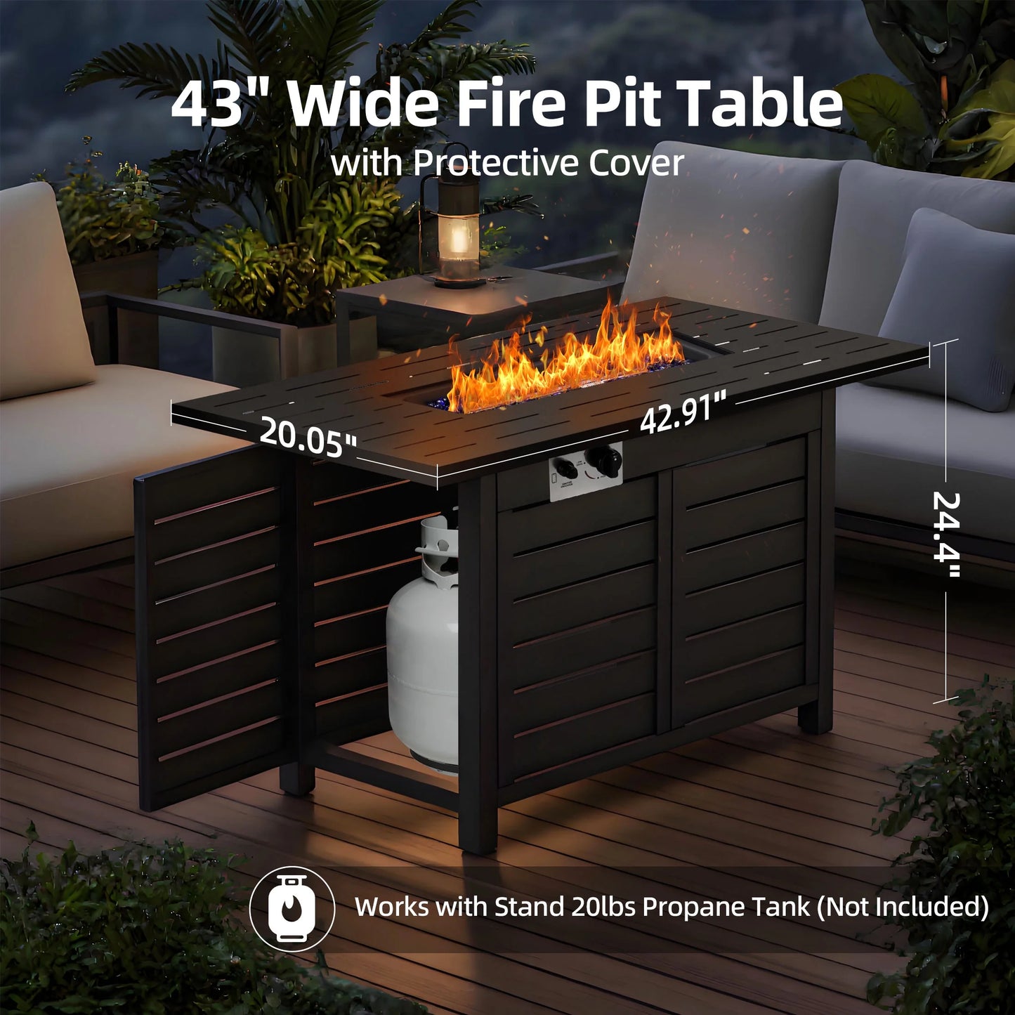 LHRIVER 43" Propane Fire Pit Table, 50,000 BTU Outdoor Windproof Gas Fire Pit with Lid, Smokeless Glass Rocks, Cover