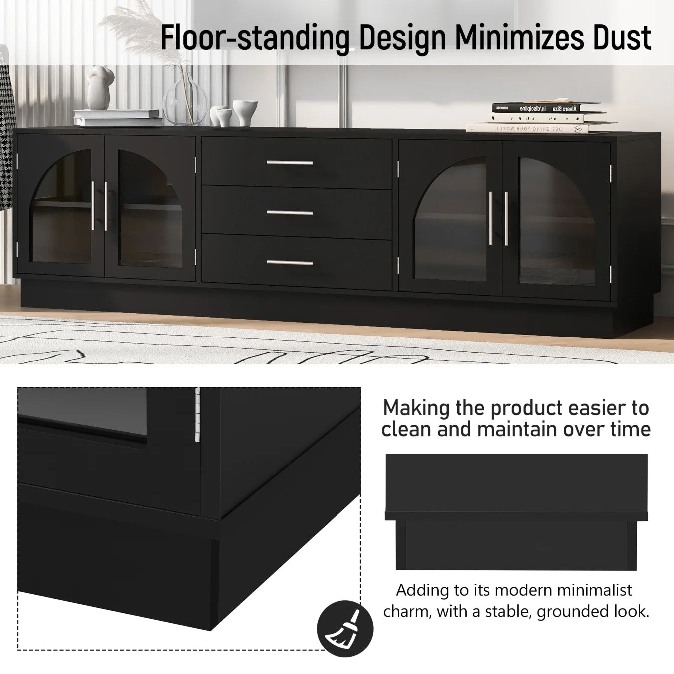 TV Stand for 75 Inch TV, Entertainment Center with Storage Cabinets and 3 Drawers, Media Console Cabinet with Adjustable Shelves and Glass Doors for Living Room, Black