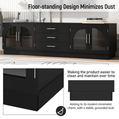 TV Stand for 75 Inch TV, Entertainment Center with Storage Cabinets and 3 Drawers, Media Console Cabinet with Adjustable Shelves and Glass Doors for Living Room, Black