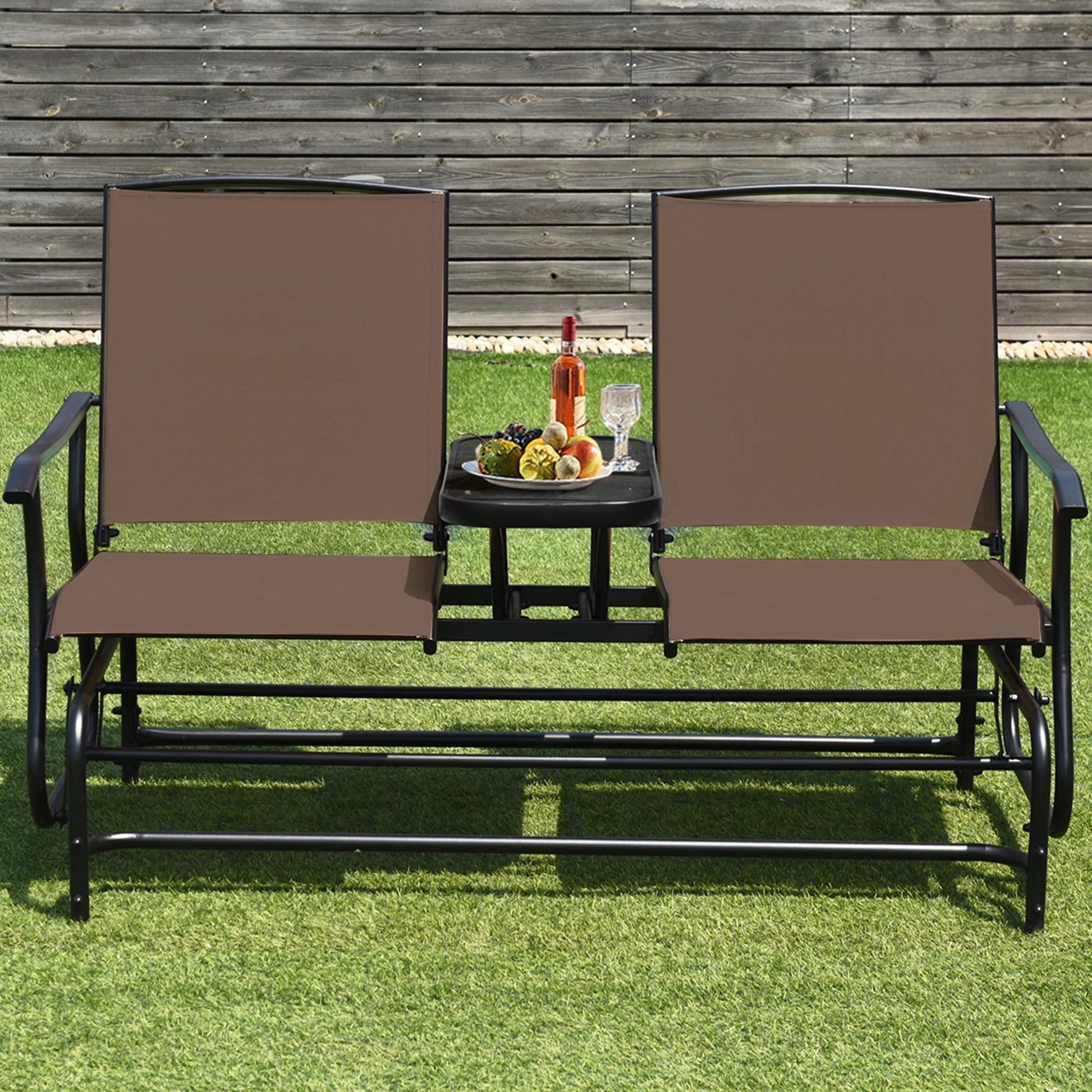 Gymax Patio 2-Person Glider Rocking Char Loveseat Garden w/Tempered Glass Table Brown