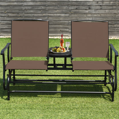 Gymax Patio 2-Person Glider Rocking Char Loveseat Garden w/Tempered Glass Table Brown