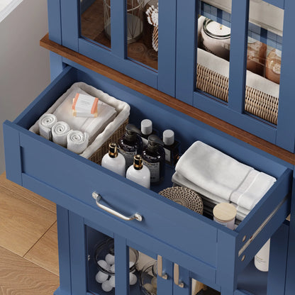 Homfa 71" Tall Bathroom Cabinet with Glass Doors, Freestanding Linen Cabinet with Drawer & Adjustable Shelves, Blue