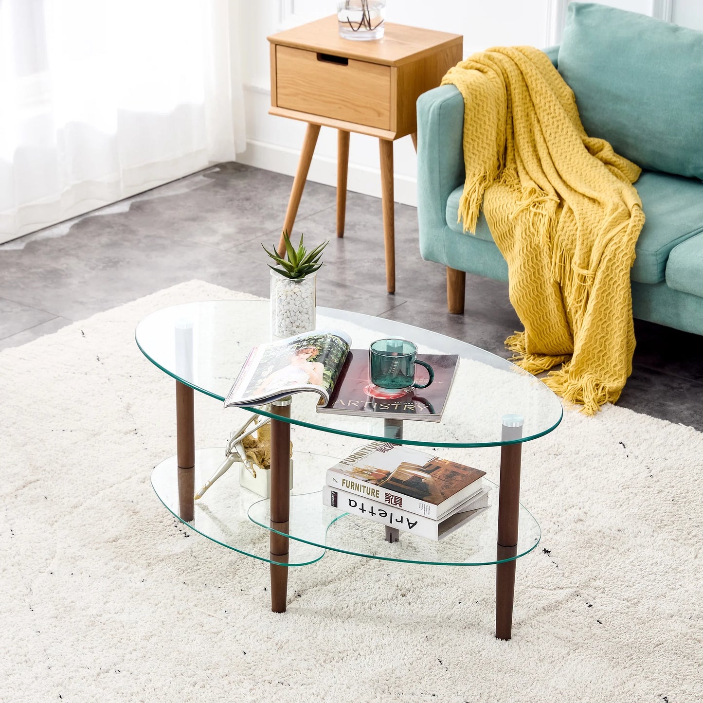 Glass Coffee Table, 3 Tier Clear Oval Glass Table with Oak Wood Legs, Smooth Edges Modern Oval Side Center Table
