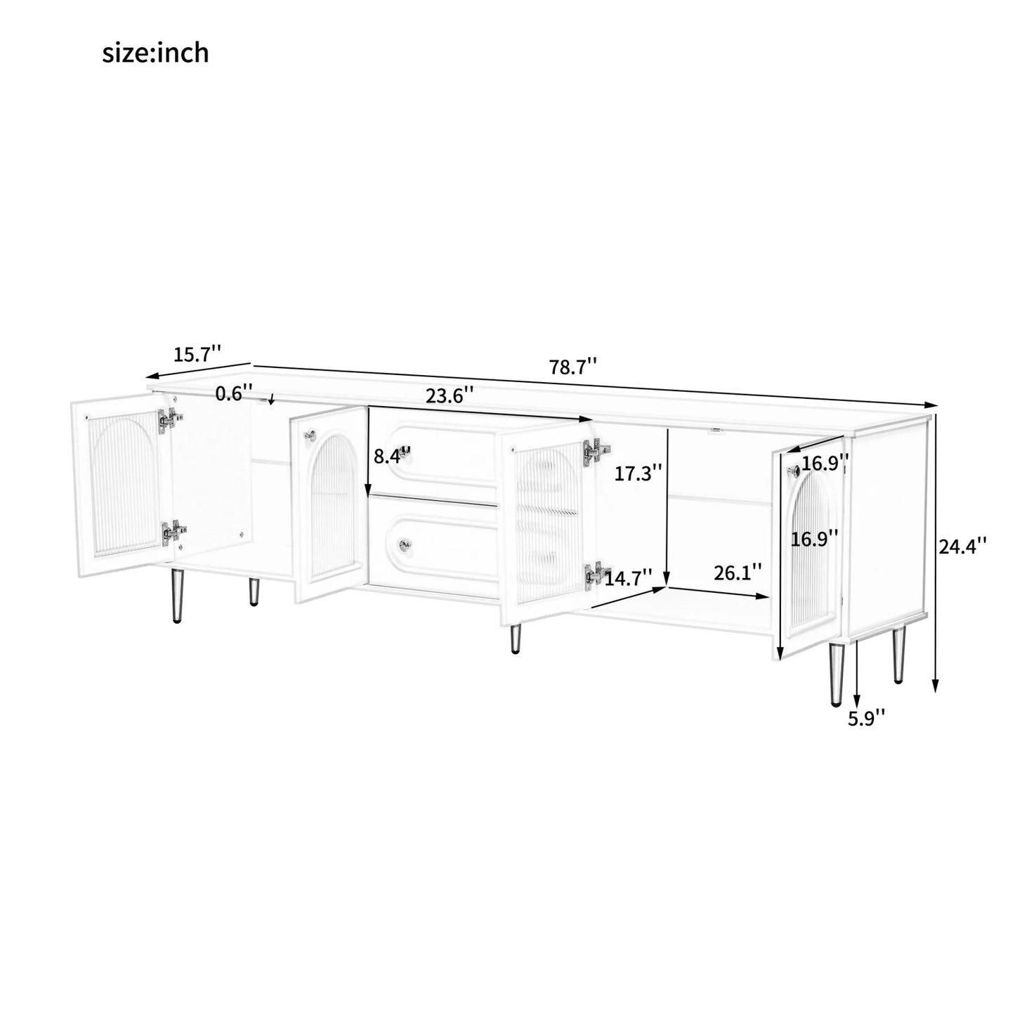 TV Stand for 80 inch TV, Entertainment Center with 2 Drawers and 2 Cabinets, Low Profile TV Consoles with Fluted Glass Doors and 5 Metal Legs for Living Room, Black