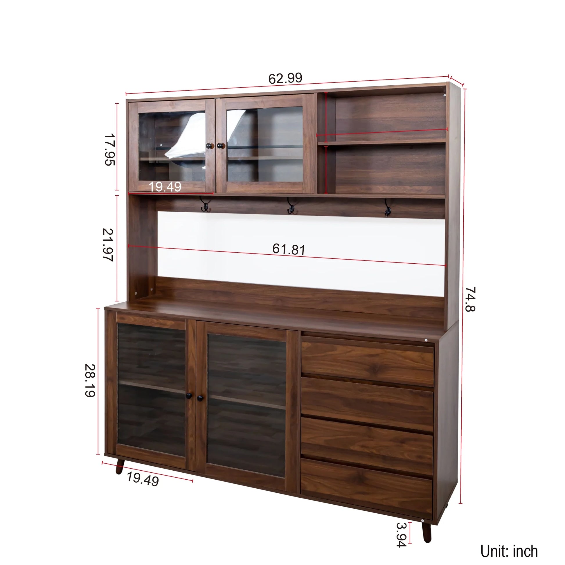 Large Kitchen Pantry Storage Cabinet w/4 Glass Doors & 4 Drawers, Food Hutch w/Microwave Stand & Hooks
