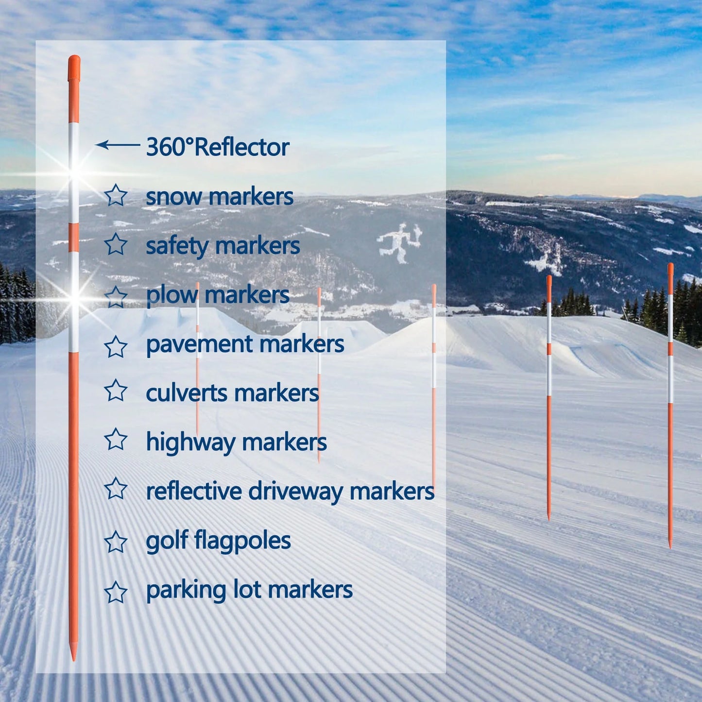 100-Pack 72" Inch Snow Stakes Driveway Markers Poles Snow Plow Stakes Fiberglass 5/16 Inch Diameter Orange with Two 9.8" Reflective Tapes