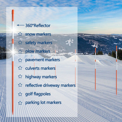 100-Pack 72" Inch Snow Stakes Driveway Markers Poles Snow Plow Stakes Fiberglass 5/16 Inch Diameter Orange with Two 9.8" Reflective Tapes