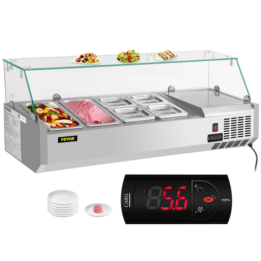 Refrigerated Condiment Prep Station, 48-inch, 10.8Qt Sandwich/Salad Prep Table w/3 1/3 Pans & 4 1/6 Pans, 146W Salad Bar w/304 Stainless Body Tempered Glass Shield Digital Panel Auto Defrost