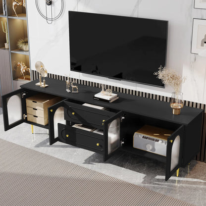 TV Stand for 80 inch TV, Entertainment Center with 2 Drawers and 2 Cabinets, Low Profile TV Consoles with Fluted Glass Doors and 5 Metal Legs for Living Room, Black