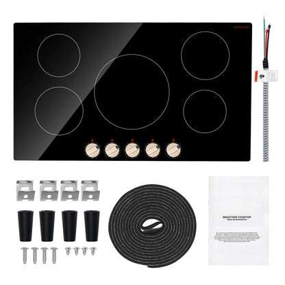 KFFKFF 5 Burner Electric Cooktop, 9200W 36" Ceramic Glass Stove Top Burner, Built In or Countertop, with Control Knobs, 12 Heat Levels, Glass Top, Automatic Power-Off for Indoor Outdoor Cooking