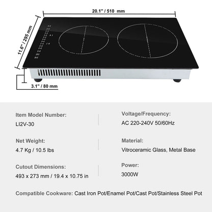 KFFKFF 12'' Built-in Induction Electric Stove Top ,2 Burners Multifunctional Burner Electric Cooktop,9 Heating Level & Sensor Touch Control, Easy to Clean Ceramic Glass Surface