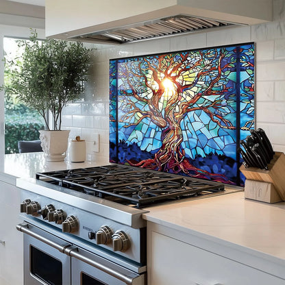 Mosaic Tree of Life Tempered Glass Backsplash For Kitchen Behind Stove,Stove Back Top Cover,Easy to Clean Glass Splashback, Sink Cover Splash Guard,Home Kitchen Wall Decor