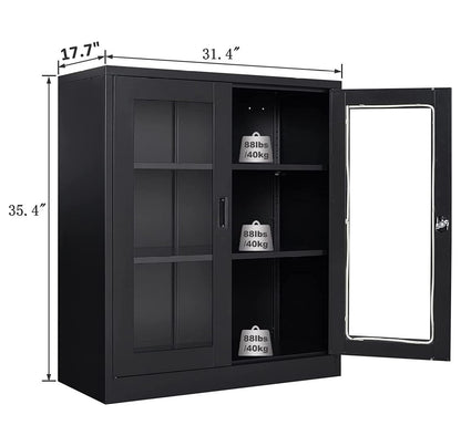 Drevy Metal Storage Cabinet with Doors and Shelves,Glass Cabinet Display Cabinet with Glass Doors,Office Cabinet with Storage Shelves and Double Doors, for Garage and Utility Room, Home Office