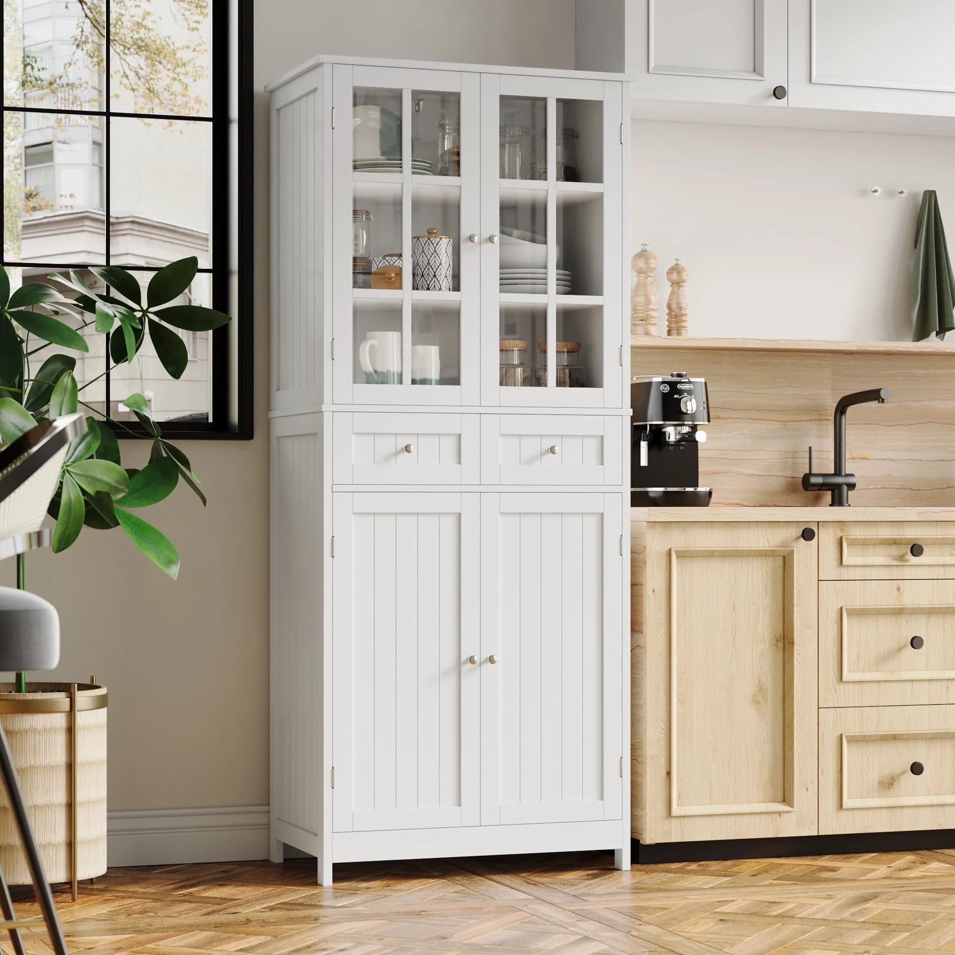 Homfa kitchen Pantry Cabinet with Glass Doors, 71'' Tall Storage Cabinet for Dining Room Living Room, White