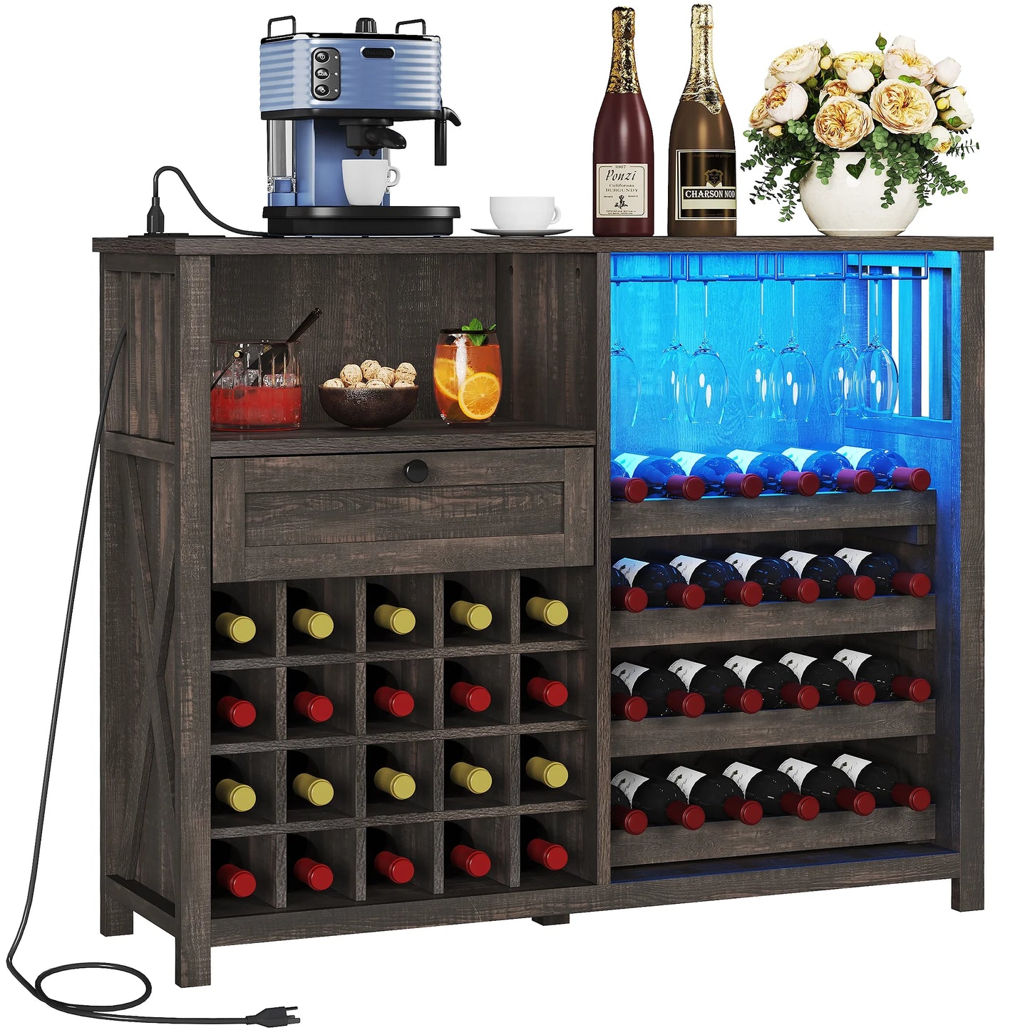 DWVO 47" Wine Bar Cabinet, Wine Cabinet with Charging Station and 16 Adjustable LED Light for Kitchen Living Room, Wine Bar Stand for Liquor and Glasses, Rustic Brown