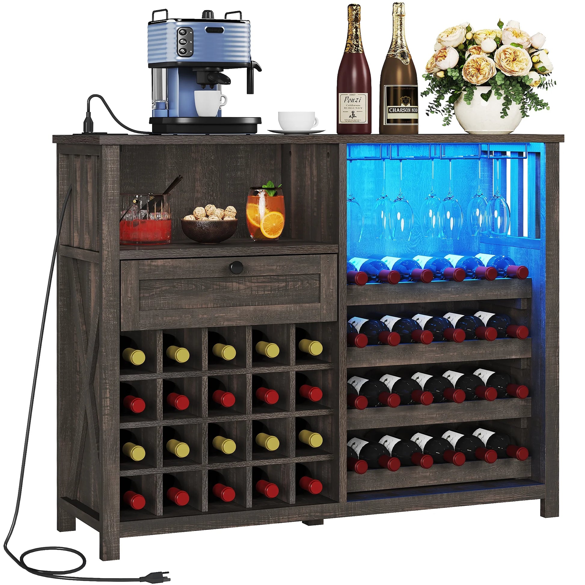 DWVO 47" Wine Bar Cabinet, Wine Cabinet with Charging Station and 16 Adjustable LED Light for Kitchen Living Room, Wine Bar Stand for Liquor and Glasses, Rustic Brown