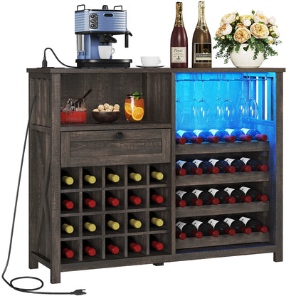 DWVO 47" Wine Bar Cabinet, Wine Cabinet with Charging Station and 16 Adjustable LED Light for Kitchen Living Room, Wine Bar Stand for Liquor and Glasses, Rustic Brown