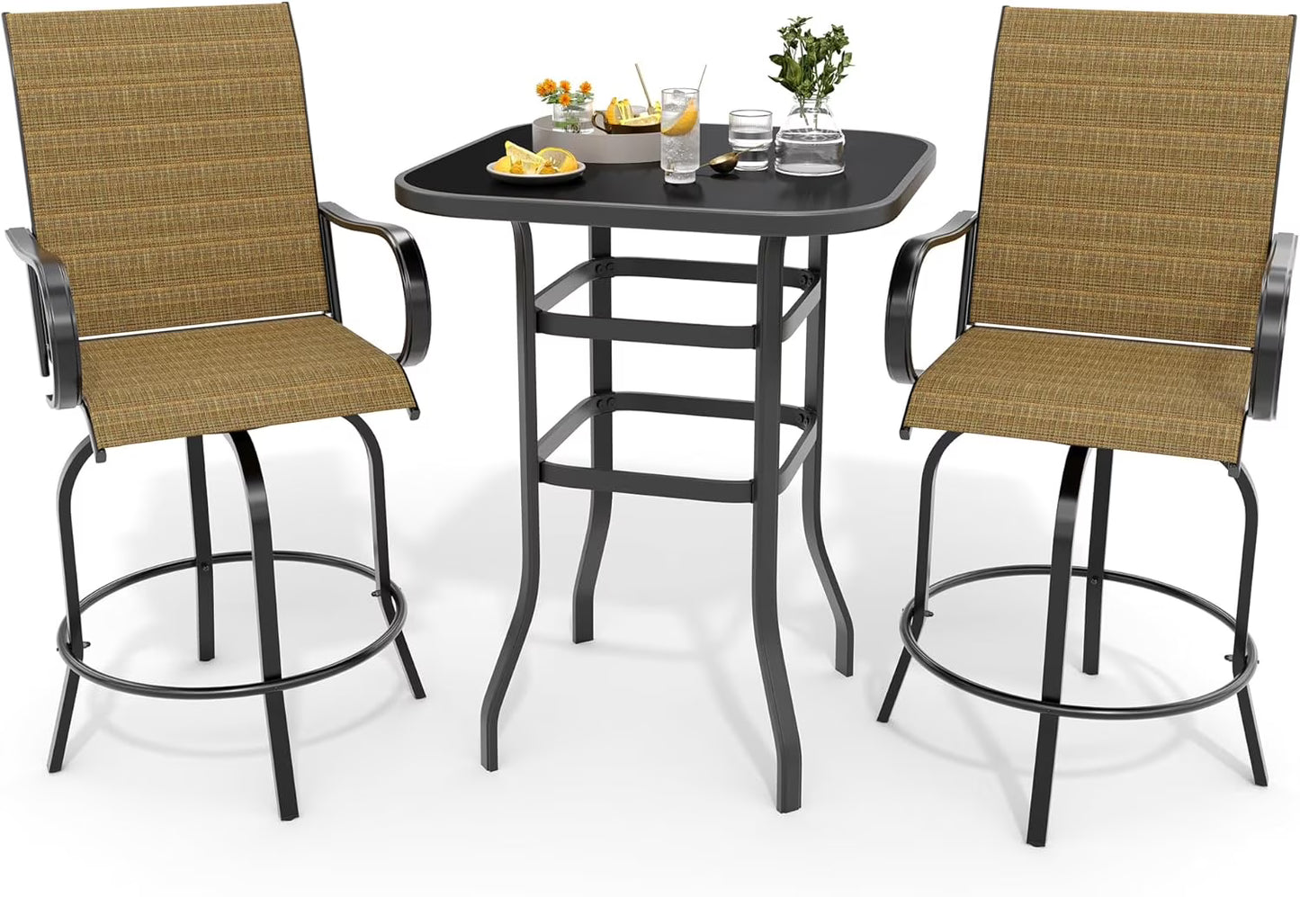 Homhougo 3 Piece Patio Swivel Bar Sets, 3PCS Outdoor High Top Bar Set with 2 Outdoor Swivel Chairs and Glass Bar Table, Patio High Top Bar Table and Stools Chairs Set All Weather Textile Fabric