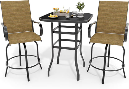 Homhougo 3 Piece Patio Swivel Bar Sets, 3PCS Outdoor High Top Bar Set with 2 Outdoor Swivel Chairs and Glass Bar Table, Patio High Top Bar Table and Stools Chairs Set All Weather Textile Fabric
