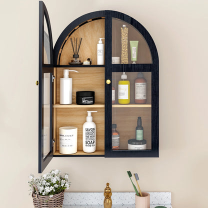 LEFHDA Arched Wall Cabinet with Glass Door, Black Open Storage Cabinet, Hanging Bathroom Shelf, Modern Wall Bathroom Cabinet with Adjustable Shelf Gold Metal Handles