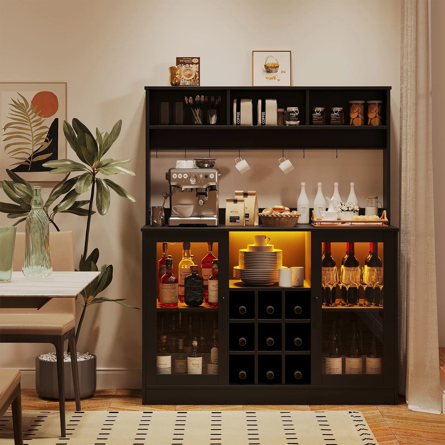 Bar Cabinet with LED Lights, Home Coffee Cabinet with Wine and Glass Rack, Buffet Sideboard with Storage Shelf for Kitchen, Modern Liquor Cabinet for Home, Black