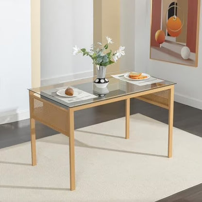 Boho 47 in Dining Table, Tempered Glass Tabletop with Rattan, Metal Legs, for Kitchen Dinner Living Room Reception