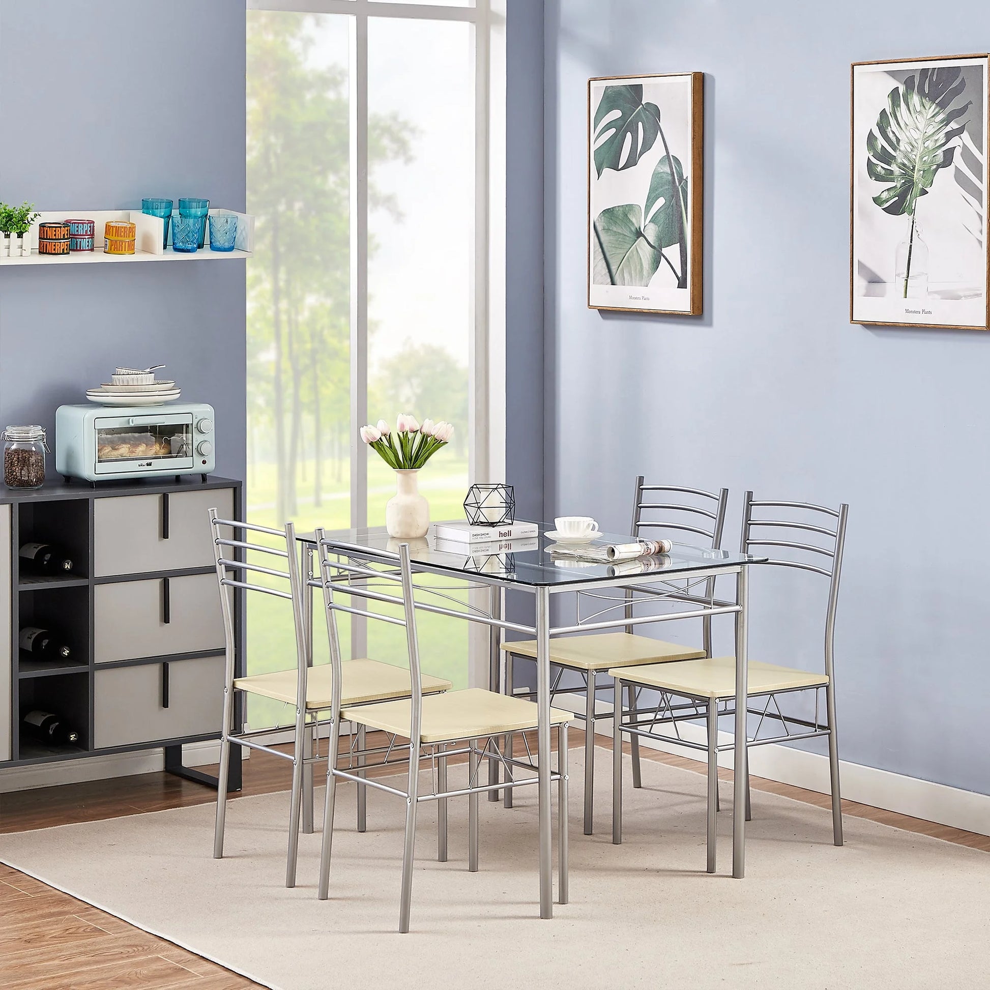 VECELO 5-Piece Dining Set Tempered Glass Top Table with 4 Upholstered Chairs for Home, Kitchen, Living Room, Black
