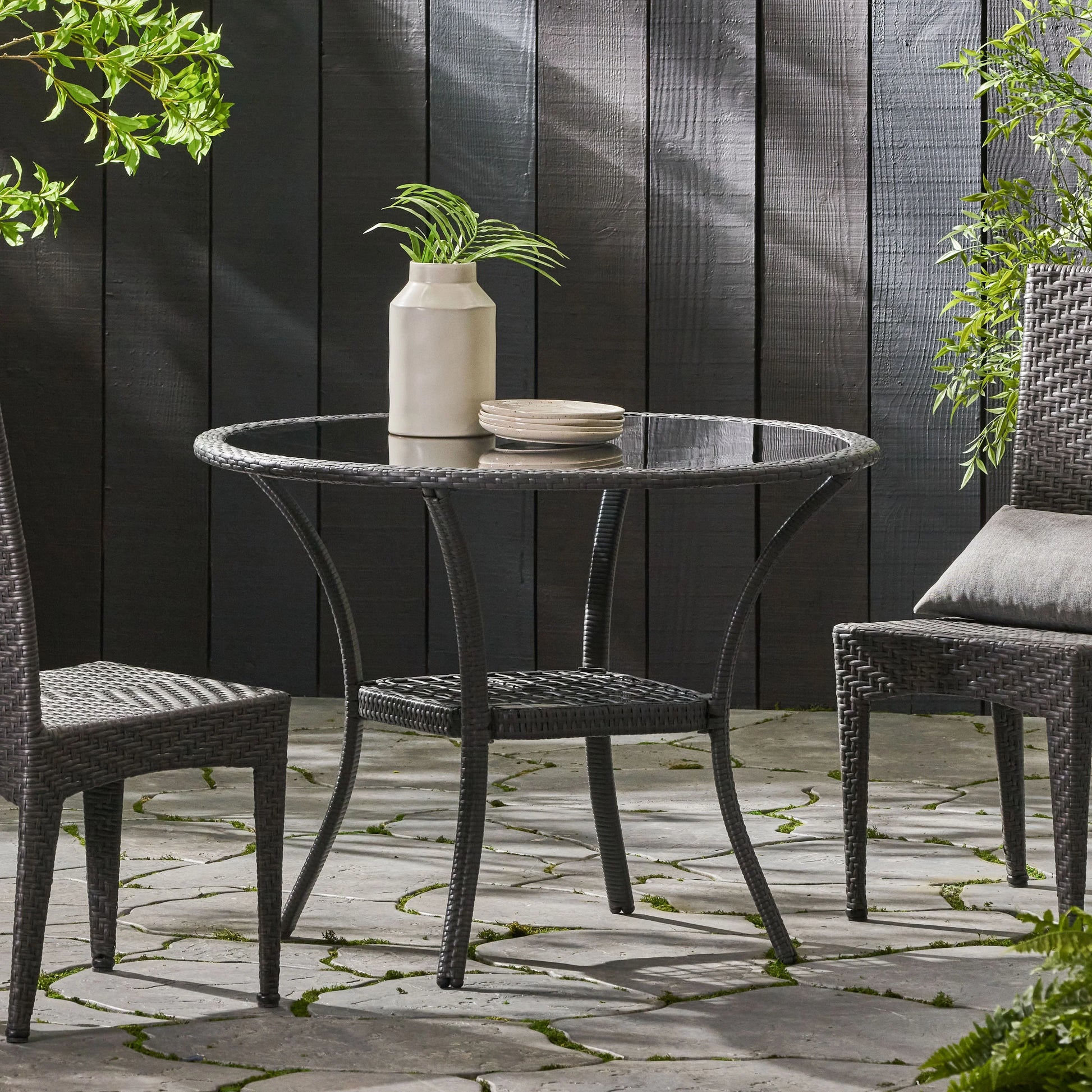 GDF Studio Jeremy Outdoor Wicker Dining Table with Glass Top, Gray and Smoky