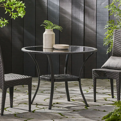 GDF Studio Jeremy Outdoor Wicker Dining Table with Glass Top, Gray and Smoky