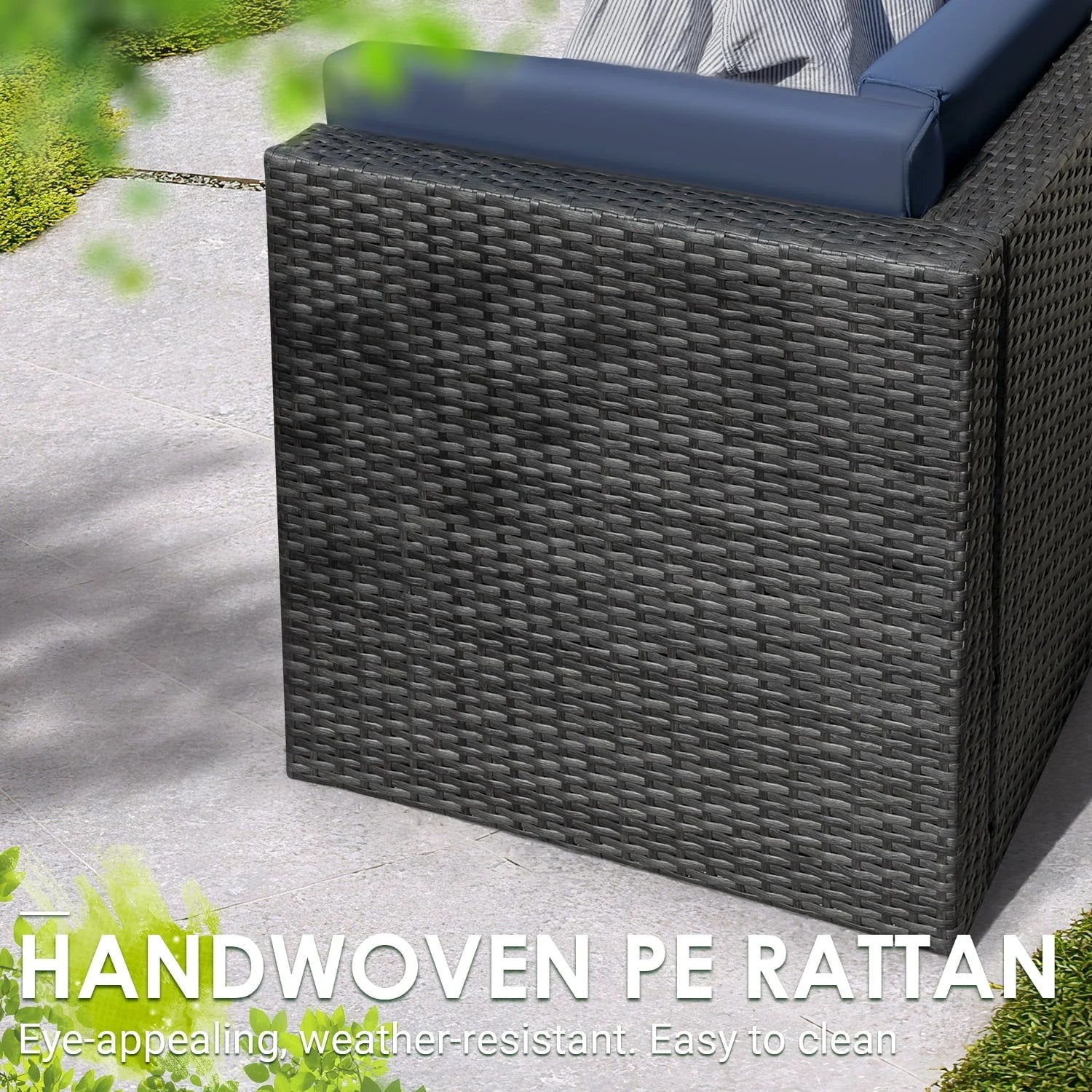 Devoko 5 Pieces Patio Furniture Sectional Set Outdoor Wicker Rattan Sofa Set Backyard Couch Conversation Sets with Pillow Cushions and Glass Table, Navy Blue